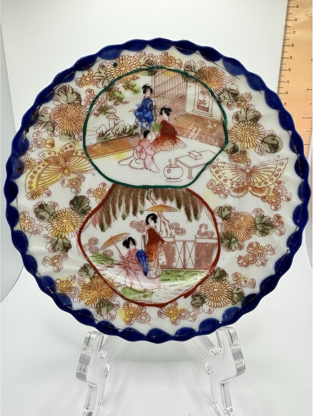 Vintage Japanese Porcelain 7" Plate w/Geisha Girls Blue & Gold Border